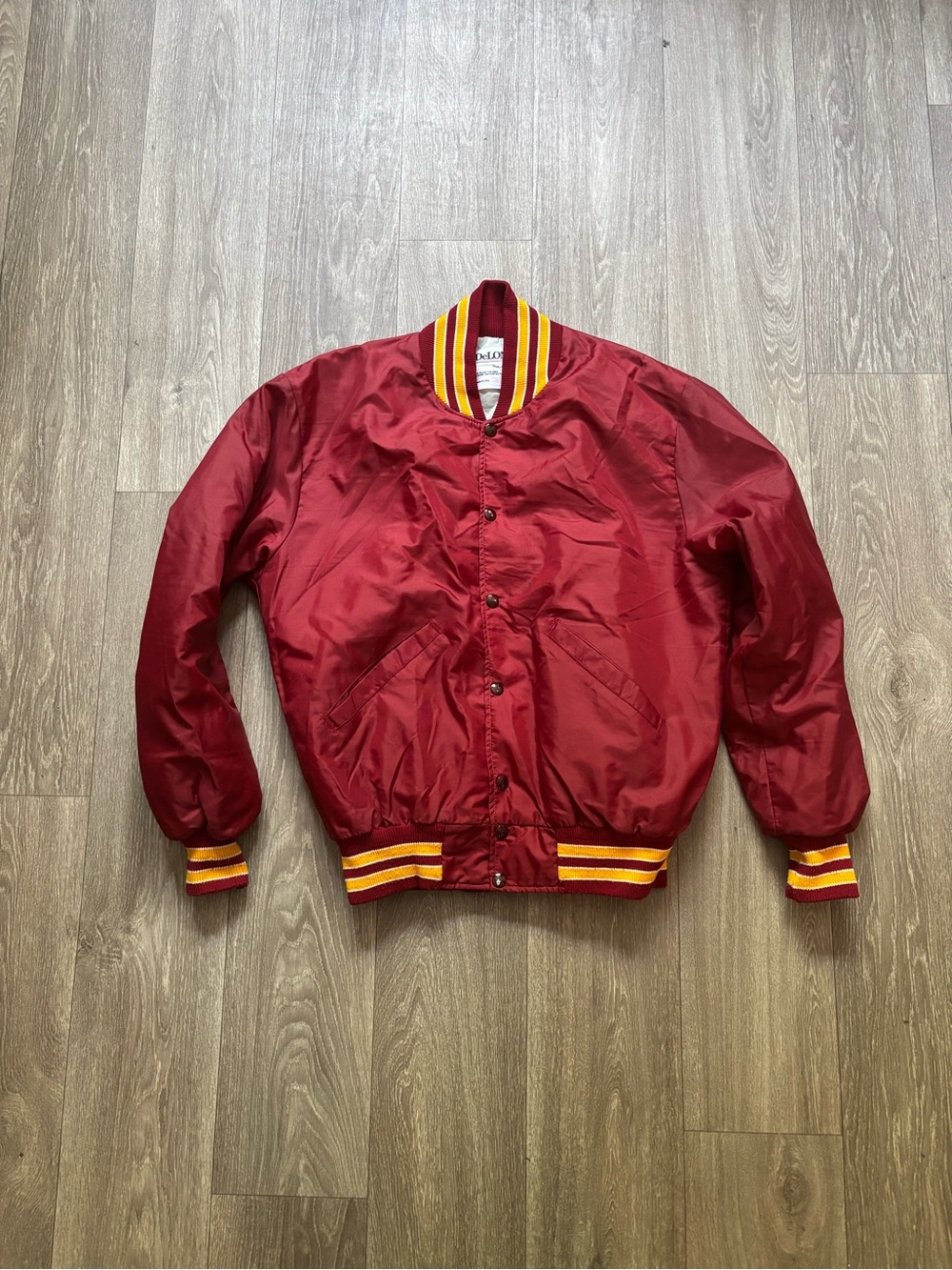 Vintage Men's Red Satin Varsity Bomber Jacket with Gold-Trim Ribbing